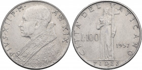 Italy, Papal, Vatican City. Pio XII (1939-1958). 100 Lire 1957 (27.5mm, 8.10g). Good VF