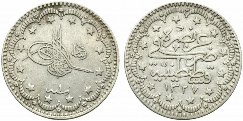 Ottoman Empire, Mehmed V Reşâd (1909-1918). AR 1 Kurush 1327 (24mm, 5.96g, 6h). ...