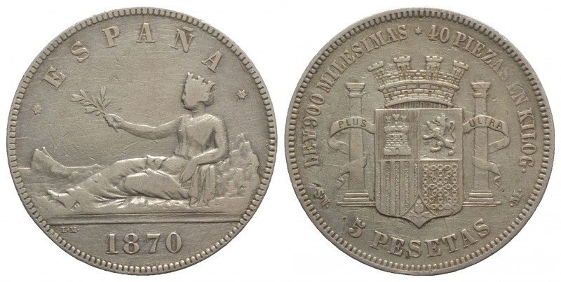 Spain, Regency. AR 5 Pesetas 1870 (37mm, 24.69g, 6h). VF