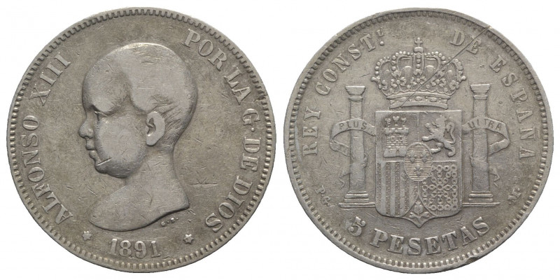 Spain, Alfonso XIII (1886-1931). AR 5 Pesetas 1891 (37mm, 24.89g, 6h). Scratch o...