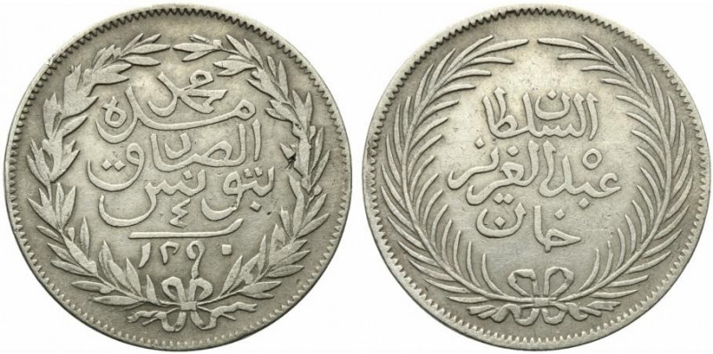 Tunisia, Abdulaziz & Muhammad III. AR 4 Rial 1290 (31mm, 11.62g, 12h). VF