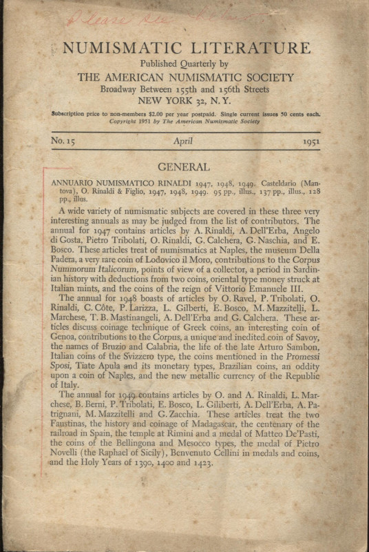 A.A.V.V. - Numismatic Literature N.15. New York, 1951. Pp. 234 – 279. Ril. ed. b...