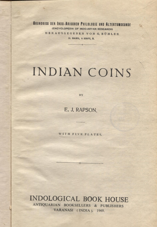 RAPSON E. J. - Indian coins. Varanasi, 1969. pp. 56, tavv. 5. ril. cartonata, bu...