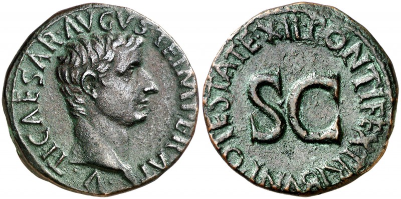 (10-11 d.C.). Tiberio. As. (Spink 1755) (Co. 27) (RIC. 469, de Augusto). 10,75 g...