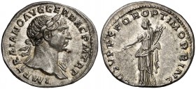 (108 d.C.). Trajano. Denario. (Spink 3124) (S. 81) (RIC. 121). 3,45 g. EBC+.