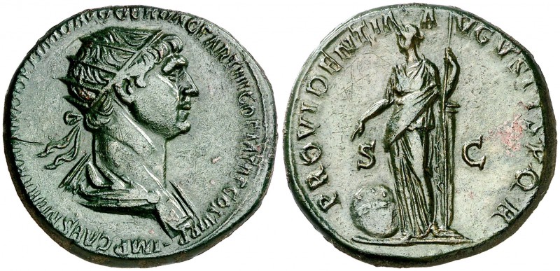 (116 d.C.). Trajano. Dupondio. (Spink 3218) (Co. 322) (RIC. 665). 13,67 g. Pátin...