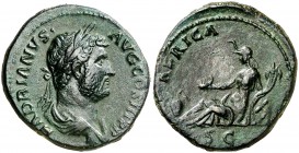 (136 d.C.). Adriano. As. (Spink 3673) (Co. 145) (RIC. 841). 13,45 g. Pátina verde. Ex Áureo & Calicó 01/07/2011, nº 79. EBC-.