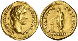 (158-159 d.C.). Antonino pío. Áureo (Spink 4033 var) (Co. falta) (RIC. 294d) (Calicó 1714). 7,25 g. MBC+.