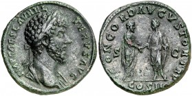 (161 d.C.). Lucio Vero. Sestercio. (Spink 5367) (Co. 29) (RIC. 1285). 22,52 g. Pátina verde. Ex Numismatik Naumann 07/05/2017, nº 758. EBC-.