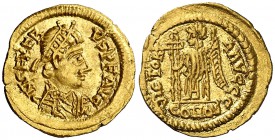 A nombre de Libio Severo. Toulouse. Tremisis. (RIC. X, 3759). 1,46 g. Bella. Rara y más así. EBC-.