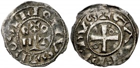 Comtat del Rosselló. Gausfred III (1115-1164). Perpinyà. Diner. (Cru.V.S. 113) (Cru.C.G. 1899 var). 0,90 g. Rara. MBC.