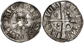 Alfons II (1285-1291). Barcelona. Mig croat. (Cru.V.S. 332) (Cru.C.G. 2149). 1,53 g. Dos y cinco anillos en el vestido. Doblez reparada. Buen ejemplar...