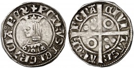 Pere III (1336-1387). Barcelona. Croat. (Cru.V.S. 402.1) (Cru.C.G. 2220d). 3,16 g. Flores de seis pétalos en el vestido. Letras A y V latinas. MBC.