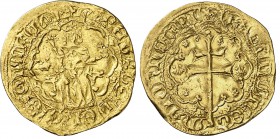 Pere III (1336-1387). Mallorca. Ral d'or. (Cru.V.S. 434 var) (Cru.C.G. 2249 var). 3,86 g. Acuñada sobre un ral d'or de Jaume III del que se aprecia la...