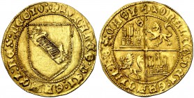 Juan II (1406-1454). Sevilla. Dobla de la banda. (AB. 617.1 var) (M.R. falta). 4,60 g. Leones sin corona. Bella. Brillo original. EBC.