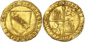 Juan II (1406-1454). Sevilla. Dobla de la banda. (AB. 617.1) (M.R. 16.6 var). 4,44 g. Leones coronados. Bella. Raras leyendas. EBC.