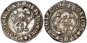 Enrique IV (1454-1474). Toledo. Medio real. (AB. falta). 1,65 g. Orla circular en anverso y lobular en reverso. Las D de DEI como E al revés. Perforac...