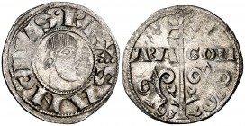 Sancho Ramírez (1063-1094). Jaca. Dinero. (Cru.V.S. 201). 1 g. Grupo primitivo. Rayitas. Rara. MBC.