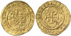 s/d. Juana y Carlos. Segovia. P. 1 escudo. (Cal. 50). 3,30 g. Muy redonda. Atractiva. Ex Colección Caballero de las Yndias, nº 1769. Rara. MBC+.