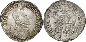 1599. Felipe II. Milán. 1 escudo. (Vti. 60) (MIR. 308/31). 31,93 g. Bonita pátina. Atractiva. Ex Calicó 15/06/1993, nº 482. Muy rara. MBC+.