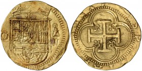 s/d. Felipe II. Granada. A. 2 escudos. (Cal. 37, mismo ejemplar) (Tauler 8, mismo ejemplar). 6,69 g. Sin adornos en los ángulos lobulares. Bonito colo...