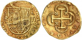 s/d. Felipe II. Valladolid. . 2 escudos. (Cal. 98 var) (Tauler 71c). 6,79 g. Magnífico ejemplar, con bella pátina de monetario. Ex Áureo 15/12/1992, n...