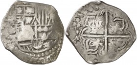 1618. Felipe III. Potosí. T (Juan Ximénez de Tapia). 4 reales. (Cal. 247 var) (Kr. 9, la señala "rare" sin precio). 13,43 g. Entre la marca de ceca y ...