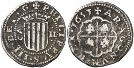 1651. Felipe IV. Zaragoza. 2 reales. (Cal. 965) (Cru.C.G. 4488). 5,95 g. Orla interior en anverso. Acuñación redonda. Ex Colección Crusafont, nº 1290....