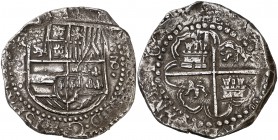 1629. Felipe IV. Potosí. T. 8 reales. (Cal. 470). 26,90 g. Valor en cifras arábigas. Rara. MBC-.