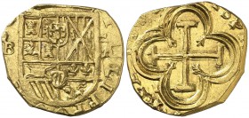 (1653-60). Felipe IV. Barcelona. A. 2 escudos. (Cal. tipo 27) (Tauler falta). 6,71 g. Sin roeles en los ángulos del reverso. Bella. Brillo original. E...