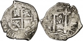 1674. Carlos II. Potosí. E. 4 reales. (Cal. 499). 13,35 g. Doble fecha con tres digitos en anverso y dos en reverso. Escasa. MBC/MBC-.