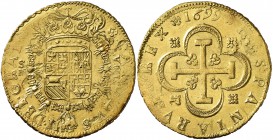 1699. Carlos II. Sevilla. M. 8 escudos. (Cal. 82) (Cal.Onza 201). 27,02 g. Sin el escusón de Portugal. Hojitas. Parte de brillo original. Ex Áureo 16/...