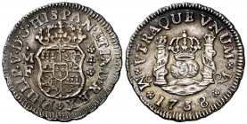 1738. Felipe V. México. MF. 1/2 real. (Cal. 1862). 1,68 g. Columnario. Bella. Escasa así. EBC+.