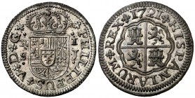 1721. Felipe V. Sevilla. J. 1 real. (Cal. 1709). 2,62 g. Metal blanco. ¿Prueba?. Bella. Muy rara. S/C.