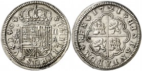1721. Felipe V. Madrid. A. 2 reales. (Cal. 1248). 5,04 g. Puntos acotando ceca, valor y ensayador. Leones sin corona. Atractiva. EBC-.