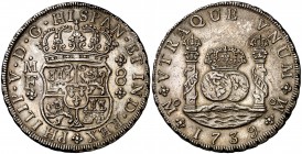 1739. Felipe V. México. MF. 8 reales. (Cal. 787). 26,92 g. Columnario. Leves marquitas. Atractiva pátina. Escasa así. EBC+.