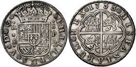 1733. Felipe V. Sevilla. PA. 8 reales. (Cal. 945). 27,11 g. Buen ejemplar. Rara. MBC+.