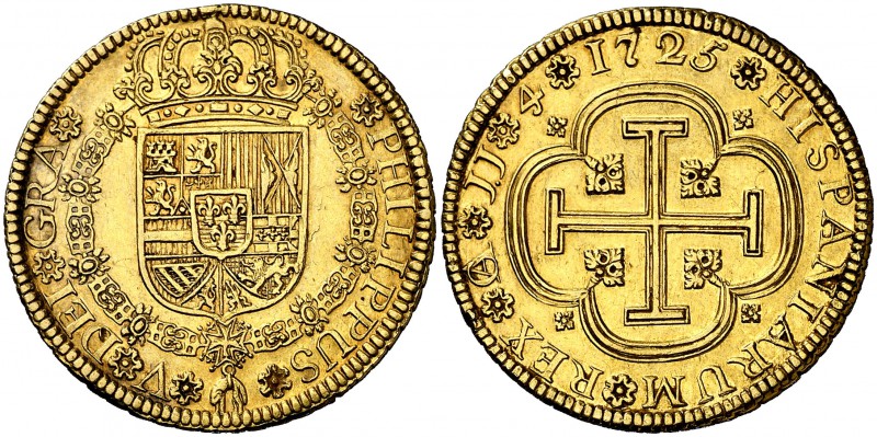 1725. Felipe V. Cuenca. JJ. 4 escudos. (Cal. 206, mismo ejemplar) (Falta en V.Q....