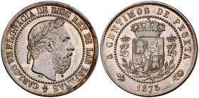 1875. Carlos VII, pretendiente. Oñate. 5 céntimos. (Cal. 10). 5 g. Bella. Escasa así. EBC.