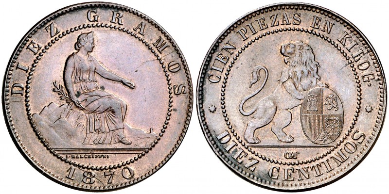 1870. Gobierno Provisional. Barcelona. OM. 10 céntimos. (Cal. 24). 10,16 g. Atra...