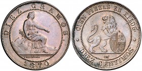 1870. Gobierno Provisional. Barcelona. OM. 10 céntimos. (Cal. 24). 10,16 g. Atractiva. Escasa así. EBC.