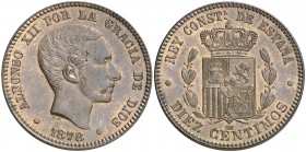 1878. Alfonso XII. Barcelona. OM. 10 céntimos. (Cal. 68). 9,82 g. Leves hojitas. Bella. Ex Áureo & Calicó 25/04/2013, nº 2891. EBC/EBC+.