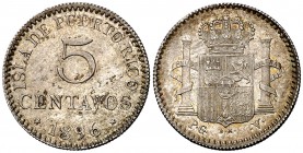 1896. Alfonso XIII. Puerto Rico. PGV. 5 centavos. (Cal. 86) (Kr. 20). 1,26 g. Bella. Escasa así. EBC+.