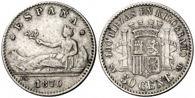 1870/69*70. Gobierno Provisional. SNM. 50 céntimos. (Cal. 19). 2,53 g. Rara. MBC-.