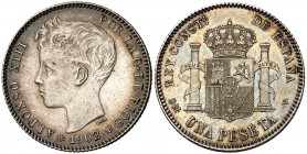 1902*1902. Alfonso XIII. SMV. 1 peseta. (Cal. 48). 5 g. Leves marquitas. Bella pátina. Escasa. EBC+.