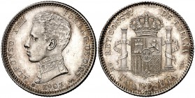 1903*1903. Alfonso XIII. SMV. 1 peseta. (Cal. 49). 4,93 g. Bella. Brilllo original. S/C-.