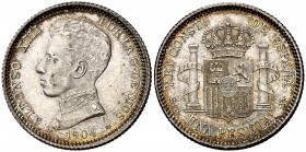 1904*1904. Alfonso XIII. SMV. 1 peseta. (Cal. 50). 5 g. El 0 de la estrella partido. Bella. S/C-.