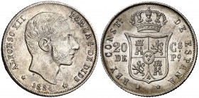 1884. Alfonso XII. Manila. 20 centavos. (Cal. 91). 4,85 g. Levísimas rayitas. Bella. Brillo original. Escasa y más así. EBC-/EBC.