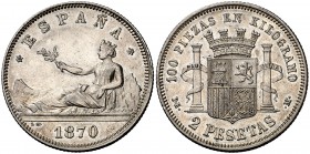 1870*1873. Gobierno Provisional. DEM. 2 pesetas. (Cal. 9). 9,88 g. Buen ejemplar. Parte de brillo original. Rara así. EBC-.