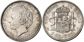 1894*1894. Alfonso XIII. PGV. 2 pesetas. (Cal. 33). 10 g. Leves marquitas. Buen ejemplar. Rara. EBC-.
